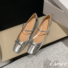 Load image into Gallery viewer, Silver-Patent-Leather-Maryjanes-with-Metal-Bar-Design-product-shots
