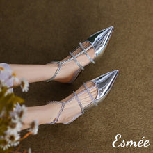 Load image into Gallery viewer, Silver-Patent-Leather-Sandals-with-Diamond-Caged-Straps-model-shots
