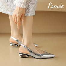 Load image into Gallery viewer, Silver-Patterned-Leather-Slingback-with-Special-Designed-Heels-model-shots
