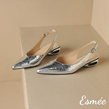 Load image into Gallery viewer, Silver-Patterned-Leather-Slingback-with-Special-Designed-Heels-product-shots
