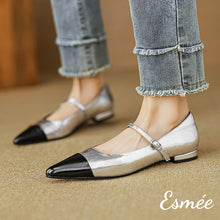 Load image into Gallery viewer, Silver-Shiny-Leather-Maryjanes-with-Metallic-Toe-Cap-model-shots
