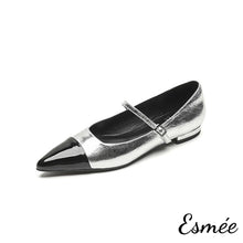 Load image into Gallery viewer, Silver-Shiny-Leather-Maryjanes-with-Metallic-Toe-Cap-product-shots-white-background
