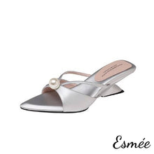 將圖片載入圖庫檢視器 Silver-Silk-High-Heel-Mules-with-Pearl-Design-product-shots-white-background
