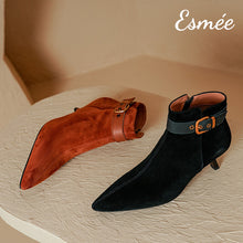 Load image into Gallery viewer, Suede-Ankle-Boots-with-Leather-Straps-and-Stiletto-product-shots
