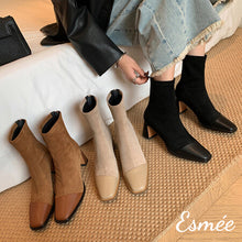 Load image into Gallery viewer, Suede-High-Heel-Ankle-Boots-with-Leather-Toe-Cap-product-shots
