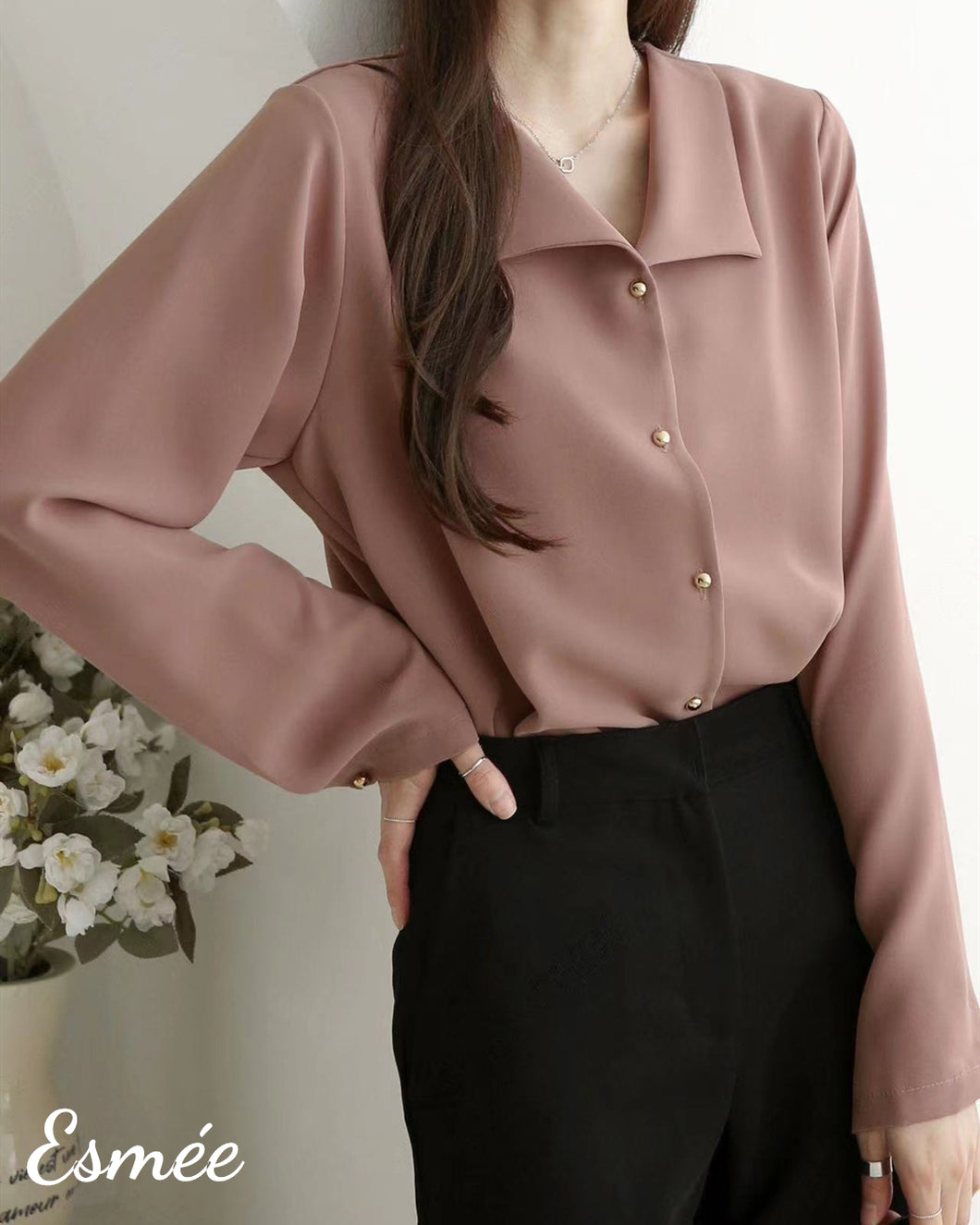 Tea-Rose-Korean-Chiffon-Shirt-with-Golden-Button-model-shots-1