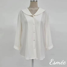 Load image into Gallery viewer, White-Blue-Korean-Chiffon-Blouse-with-Lapel-Design-product-shots
