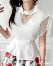 Load image into Gallery viewer, White-Cotton-Blouse-with-Chiffon-Design-model-shots-1
