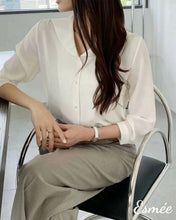 Load image into Gallery viewer, White-Korean-Chiffon-Blouse-with-Lapel-Design-model-shots
