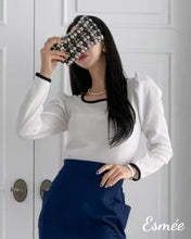 Load image into Gallery viewer, White-Korean-Cotton-Top-with-Puffed-Sleeves-and-Contrast-Border-Collar-Design-model-shots-1
