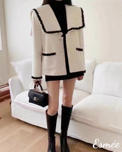 Load image into Gallery viewer, White-Korean-Tweed-Fabrics-Oversized-Blazer-with-Contrast-Textured-Border-Design-model-shots
