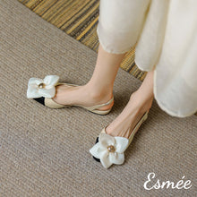 Load image into Gallery viewer, White-Leather-Flat-Sandals-with-Big-Flower-Design-model-shots
