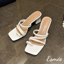 Load image into Gallery viewer, White-Leather-High-Heel-Mules-with-Roman-Straps-product-shots
