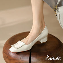 Load image into Gallery viewer, White-Leather-High-Heels-with-Buckle-Design-model-shots
