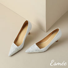 Load image into Gallery viewer, White-Patent-Leather-High-Heels-with-Glitter-Toe-Cap-Design-product-shots
