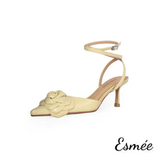 Load image into Gallery viewer, Yellow-Leather-High-Heel-Sandals-with-Rosebud-Design-product-shots-white-background
