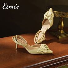 Load image into Gallery viewer, Yellow-Leather-High-Heel-Sandals-with-Rosebud-Design-product-shots
