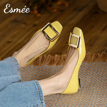 Load image into Gallery viewer, Yellow-Patent-Leather-Flats-with-Metal-Buckle-model-shots
