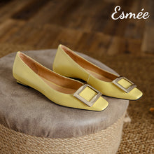 Load image into Gallery viewer, Yellow-Patent-Leather-Flats-with-Metal-Buckle-product-shots
