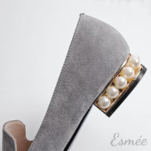 Load image into Gallery viewer, Grey-pointed-toe-suede-loafers-pearl-series-product-shots-detail
