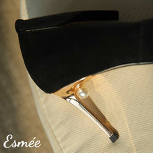 Load image into Gallery viewer, Black-7.5cm-suede-high-heels-with-pearl-product-shots-detail
