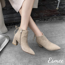 Load image into Gallery viewer, Apricot-Suede-Ankle-Boots-with-Block-Heels-model-shots
