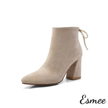 Load image into Gallery viewer, Apricot-Suede-Ankle-Boots-with-Block-Heels-product-shots-white-background
