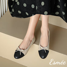 Load image into Gallery viewer, Beige-Leather-Ballerina-Flats-with-Bow-Knot-and-Black-Toe-Cap-model-shots
