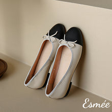 Load image into Gallery viewer, Beige-Leather-Ballerina-Flats-with-Bow-Knot-and-Black-Toe-Cap-product-shots
