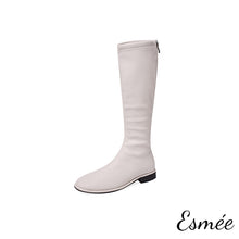 Load image into Gallery viewer, Beige-Leather-Flat-Long-Boots-product-shots-white-background
