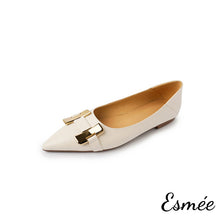 將圖片載入圖庫檢視器 Beige-Leather-Flats-with-H-Metal-Buckle-product-shots-white-background
