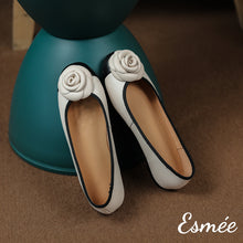 Load image into Gallery viewer, Beige-Leather-Flats-with-Rosebud-Design-product-shots
