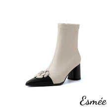 Load image into Gallery viewer, Beige-Leather-High-Heel-Ankle-Boots-with-Rosebud-Design-product-shots-white-background
