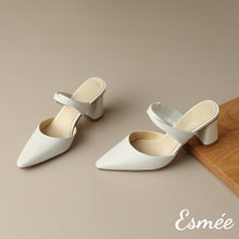 Load image into Gallery viewer, Beige-Leather-High-Heel-Mules-with-Leather-Straps-product-shots
