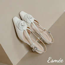 Load image into Gallery viewer, Beige-Leather-High-Heel-Slingback-with-Rosebud-Design-product-shots
