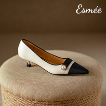 Load image into Gallery viewer, Beige-Leather-High-Heels-with-Pearl-Design-and-Black-Toe-Cap-product-shots
