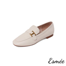 Load image into Gallery viewer, Beige-Leather-Loafers-with-T-Metal-Buckle-product-shots-white-background
