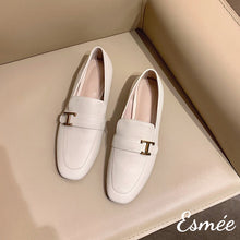 Load image into Gallery viewer, Beige-Leather-Loafers-with-T-Metal-Buckle-product-shots
