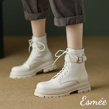 將圖片載入圖庫檢視器 Beige-Leather-Marten-Boots-with-Thicken-Outsole-Design-model-shots
