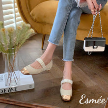 Load image into Gallery viewer, Beige-Leather-Mary-Janes-with-Golden-Toe-Cap-and-Ribbon-Design-model-shots
