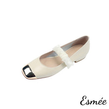 Load image into Gallery viewer, Beige-Leather-Mary-Janes-with-Golden-Toe-Cap-and-Ribbon-Design-product-shots-white-background
