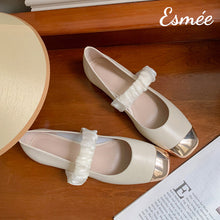 Load image into Gallery viewer, Beige-Leather-Mary-Janes-with-Golden-Toe-Cap-and-Ribbon-Design-product-shots
