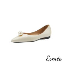 Load image into Gallery viewer, Beige-Leather-Pointed-Toe-Flats-with-Pearl-product-shots-white-background
