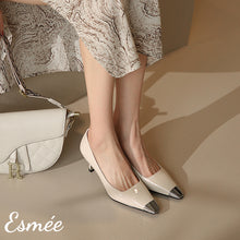 Load image into Gallery viewer, Beige-Patent-Leather-High-Heels-with-Silver-Toe-Cap-model-shots
