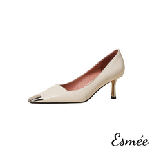 Load image into Gallery viewer, Beige-Patent-Leather-High-Heels-with-Silver-Toe-Cap-product-shots-white-background
