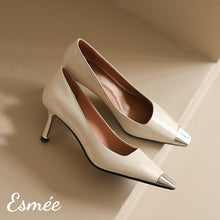 Load image into Gallery viewer, Beige-Patent-Leather-High-Heels-with-Silver-Toe-Cap-product-shots
