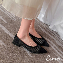 Load image into Gallery viewer, Black-Embroidered-Cotton-Low-Heels-with-Open-Mesh-Design-model-shots
