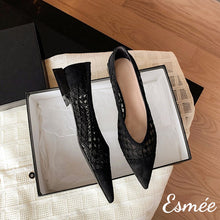 Load image into Gallery viewer, Black-Embroidered-Cotton-Low-Heels-with-Open-Mesh-Design-product-shots
