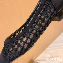 Load image into Gallery viewer, Black-Embroidered-Cotton-Low-Heels-with-Open-Mesh-Design-product-shots-detail
