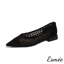 Load image into Gallery viewer, Black-Embroidered-Cotton-Low-Heels-with-Open-Mesh-Design-product-shots-white-background
